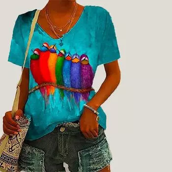 Женский топ с v-образным вырезом и короткими рукавами с принтом птицы, свободная футболка, повседневная рубашка XS зелёный