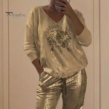 Женский топ с v-образным вырезом и длинными рукавами Devil s Eye, повседневная футболка с горячим тиснением, дышащая стильная дизайнерская блузка для повседневного ношения в отпуске S