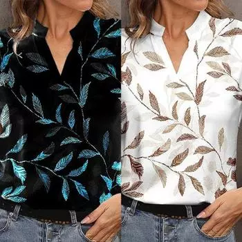 Женский топ с v-образным вырезом и воротником-стойкой, с принтом листьев и короткими рукавами, свободный пуловер, прямая дышащая мягкая повседневная женская футболка M белый