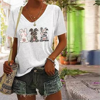 Женский топ с v-образным вырезом и короткими рукавами, с принтом трех кроликов, свободная футболка, повседневная рубашка XS синий