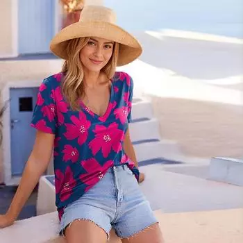 Женский топ с v-образным вырезом и короткими рукавами, розовый лист с принтом, свободная футболка, повседневная рубашка XS розовый