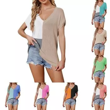 Женский топ с v-образным вырезом и цветными блоками, свободная повседневная футболка больших размеров