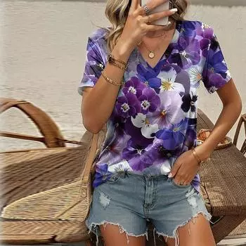 Женский топ с v-образным вырезом и короткими рукавами, фиолетовый цветочный принт, свободная футболка, повседневная рубашка XS синий