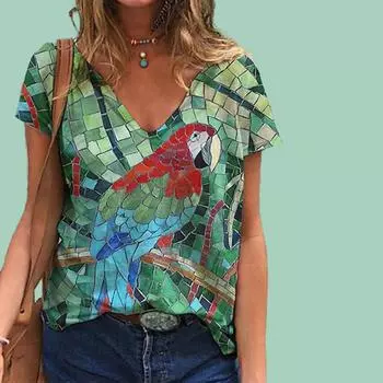 Женский топ с v-образным вырезом и короткими рукавами с принтом попугая, свободная футболка, повседневная рубашка XS зелёный