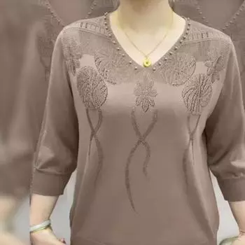 Женский топ с V-образным вырезом и рукавами три четверти, однотонный цветочный узор, вязаный эластичный мягкий повседневный пуловер с эластичными манжетами, женская блузка для матери среднего возраста 2XL зелёный