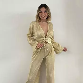 Женский топ с v-образным вырезом и объемными рукавами, широкие брюки, повседневный костюм S золотой