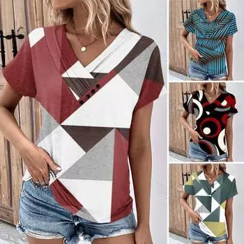 Женский топ с v-образным вырезом и пуговицами, декор с геометрическим принтом и цветными блоками, мягкий дышащий свободный пуловер с короткими рукавами, женская повседневная футболка