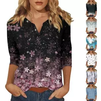 Женский топ с V-образным вырезом и круглым вырезом, рукав 3/4, популярный принтованный пуловер, облегающий крой XXXL тёмно-синий