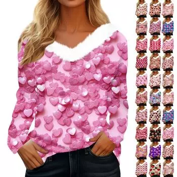 Женский топ с V-образным вырезом и длинными рукавами в виде сердца ко Дню святого Валентина L синий