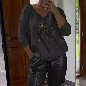 Женский топ с v-образным вырезом и длинными рукавами Devil s Eye, повседневная футболка с горячим тиснением, дышащая стильная дизайнерская блузка для повседневного ношения в отпуске S чёрный