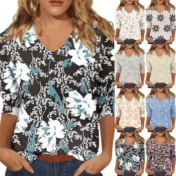 Женский топ с v-образным вырезом и рукавами 3/4 с принтом, повседневный топ с принтом L чёрный