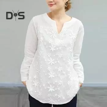 Женский топ с v-образным вырезом и цветочной вышивкой, свободный Vinatge с длинным рукавом, однотонный мягкий пуловер, повседневная женская футболка на весну и осень L белый
