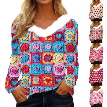 Женский топ с V-образным вырезом и длинными рукавами в виде сердца ко Дню святого Валентина M