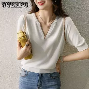 Женский топ с V-образным вырезом и золотой каймой, летняя трикотажная рубашка из ледяного шелка, свободная тонкая футболка с коротким рукавом S