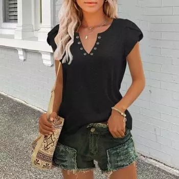 Женский топ с v-образным вырезом и лепестком, короткий рукав, жаккардовая тонкая летняя однотонная свободная блузка, уличная одежда S розовый