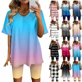 Женский топ с v-образным вырезом и короткими рукавами в градиентную полоску с принтом и шорты с принтом, комплект из двух предметов L