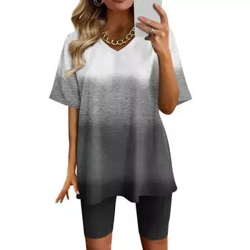 Женский топ с v-образным вырезом и короткими рукавами в градиентную полоску с принтом и шорты с принтом, комплект из двух предметов L