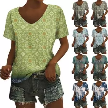 Женский топ с v-образным вырезом и короткими рукавами с принтом M