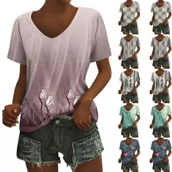 Женский топ с v-образным вырезом и короткими рукавами с принтом XL чёрный