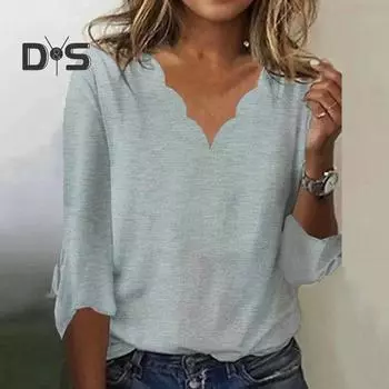Женский топ с V-образным вырезом и цветочным краем, сплошной цвет, большие размеры, рукава три четверти, простой стиль, мягкая дышащая повседневная женская футболка на весну и осень, блузка XL серебряный серый