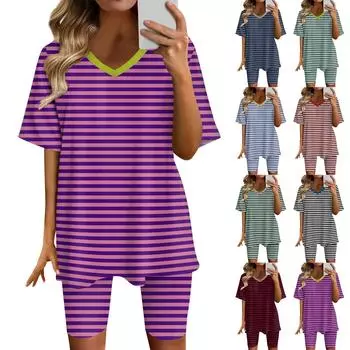 Женский топ с v-образным вырезом, короткими рукавами и полосками с принтом и шорты с принтом, комплект из двух предметов L синий