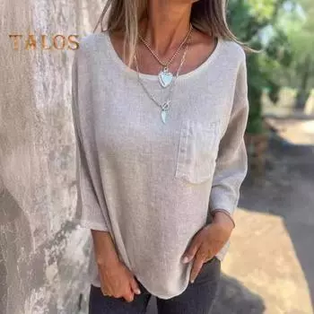 Женский топ с v-образным вырезом, круглым вырезом и длинными рукавами, свободный однотонный пуловер, рубашка для работы, вечеринки, отдыха XL хаки