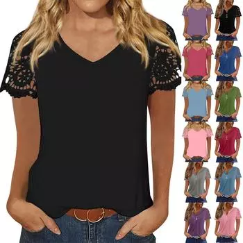 Женский топ с v-образным вырезом, кружевная свободная повседневная однотонная футболка с короткими рукавами L чёрный