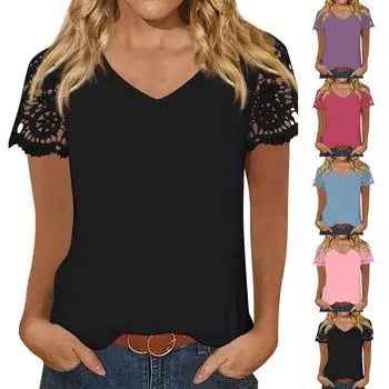 Женский топ с v-образным вырезом, кружевная свободная повседневная однотонная футболка с короткими рукавами