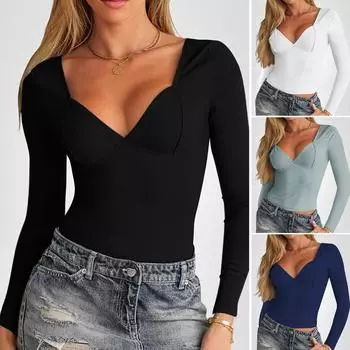 Женский топ с V-образным вырезом, облегающий низ, длинные рукава L чёрный