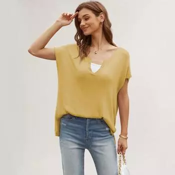 Женский топ с v-образным вырезом, однотонный свободный пуловер с разрезом и короткими рукавами, вязаный S чёрный