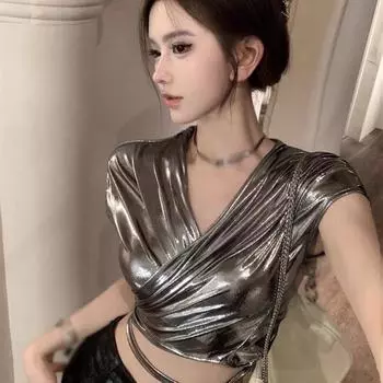 Женский топ с V-образным вырезом, шнуровкой, укороченный топ, серебристая футболка с коротким рукавом One Size