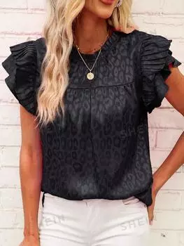 Женский топ с волнистым вырезом и рукавами в виде листьев лотоса 2024