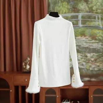 Женский топ с воротником из меха норки Nanyou с жаккардовым узором - стиль осень/зима Extra Extra Large белый