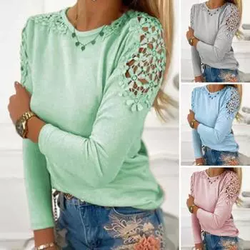 Женский топ с вырезом из кружева с цветочной аппликацией, однотонная однотонная футболка с длинными рукавами и круглым вырезом, мягкая повседневная женская футболка больших размеров XL зелёный