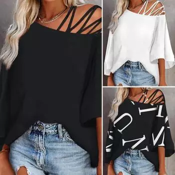 Женский топ с вырезом на одно плечо, косая шея, сплошной цвет, с буквенным принтом, свободные рукава три четверти, мягкая дышащая женская футболка средней длины S белый