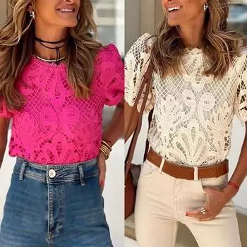 Женский топ с вырезом, однотонная кружевная блузка с вышивкой, рубашка, повседневный пуловер с пышными рукавами, женский винтажный уличный топ с круглым вырезом, одежда XL белый