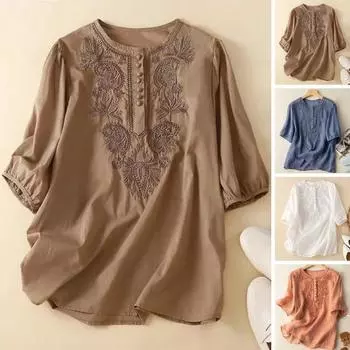 Женский топ с вышивкой и круглым вырезом, элегантный хлопковый льняной топ с короткими рукавами, летний винтажный топ с вышивкой, женский тканевый топ XL белый