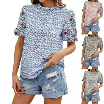 Женский топ с вышивкой и принтом на пуговицах и высоким воротником с цветовыми блоками L армия зеленый