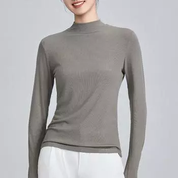 Женский топ с высоким эластичным модальным полуворотником-стойкой, облегающий, с длинным рукавом, для весны и осени 2025 XL (63-70 kg) зелёный/серый