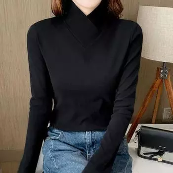 Женский топ с высоким воротником и длинным рукавом, облегающий мягкий эластичный пуловер XL чёрный