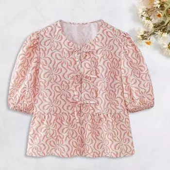 Женский топ с завязками и рюшами на подоле, с круглым вырезом, с короткими рукавами и полосатым принтом, рубашка с галстуком-бабочкой S фиолетовый