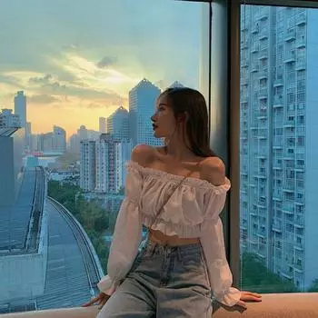 Женский топ, сексуальная блузка с открытыми плечами, топ с длинными рукавами, однотонная белая рубашка, туника с пышными рукавами и рюшами, укороченный топ, летний топ-труба S чёрный