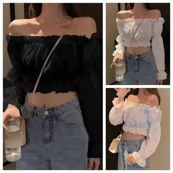 Женский топ, сексуальная блузка с открытыми плечами, топ с длинными рукавами, однотонная белая рубашка, туника с пышными рукавами и рюшами, укороченный топ, летний топ-труба S чёрный
