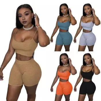 Женский топ-спагетти с низким вырезом, 2 шт./компл., шорты, спортивный комплект с укороченным ремнем, тонкая резинка на талии S хаки