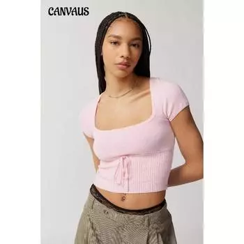 Женский топ Spice Girl Temperament с квадратным вырезом и коротким рукавом, сексуальный, со шнуровкой и открытым воротником S розовый