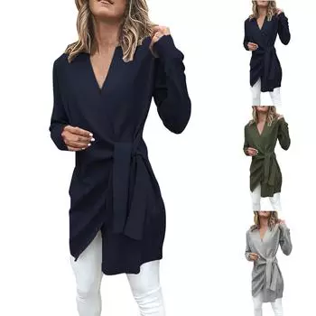 Женский топ средней длины с V-образным вырезом и поясом L армия зеленый