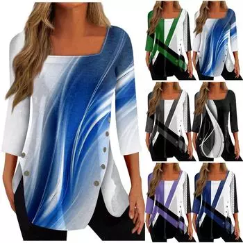 Женский топ, свободная повседневная футболка с квадратным вырезом и пуговицами, рукав три четверти, топ XL зелёный