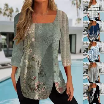 Женский топ, свободная повседневная футболка с квадратным вырезом и пуговицами, рукав три четверти, топ XL бежевый