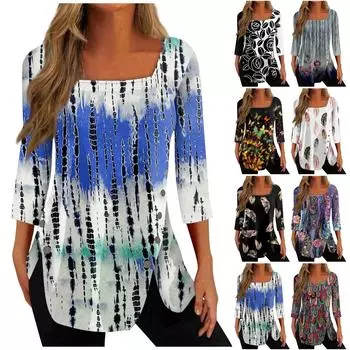 Женский топ, свободная повседневная футболка с квадратным вырезом и пуговицами, рукав три четверти, топ M