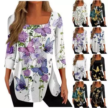 Женский топ, свободная повседневная футболка с квадратным вырезом и пуговицами, рукав три четверти, топ L чёрный